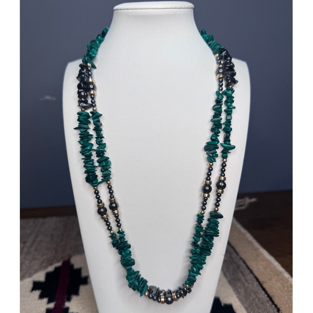 Double Strand Boho Malachite Necklace with Silver& Gold Tone Bead Accents